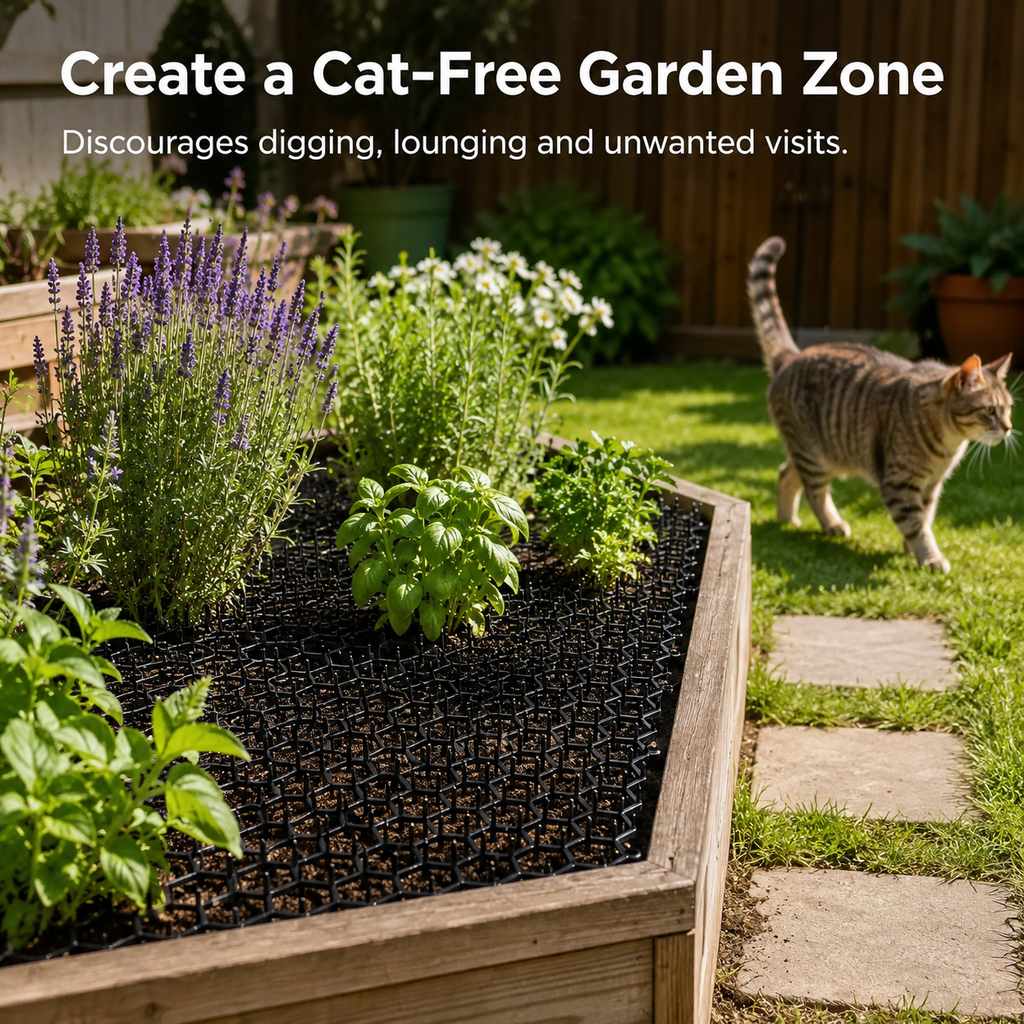 Flexible cat deterrent mat used in a garden bed to discourage digging