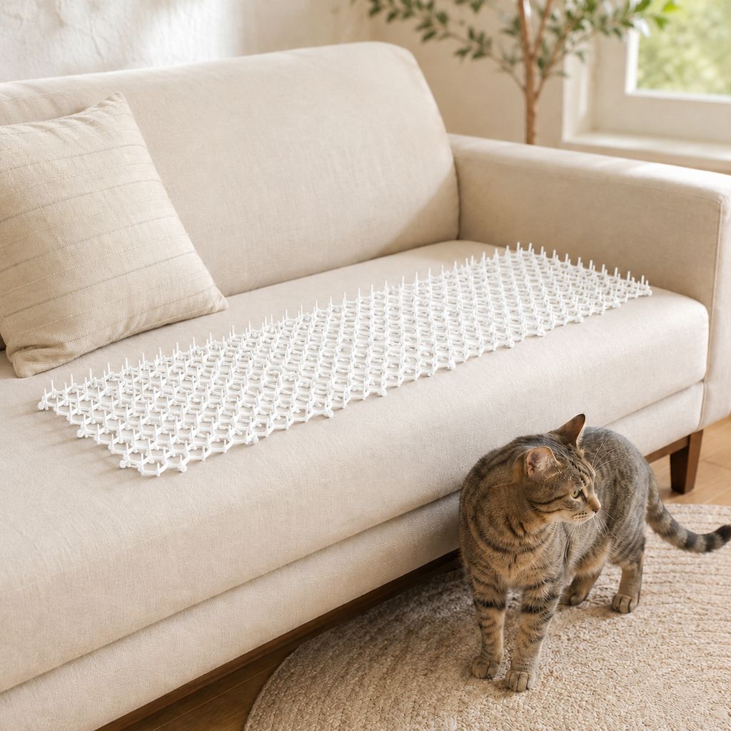 White flexible cat deterrent mat on sofa for indoor furniture protection