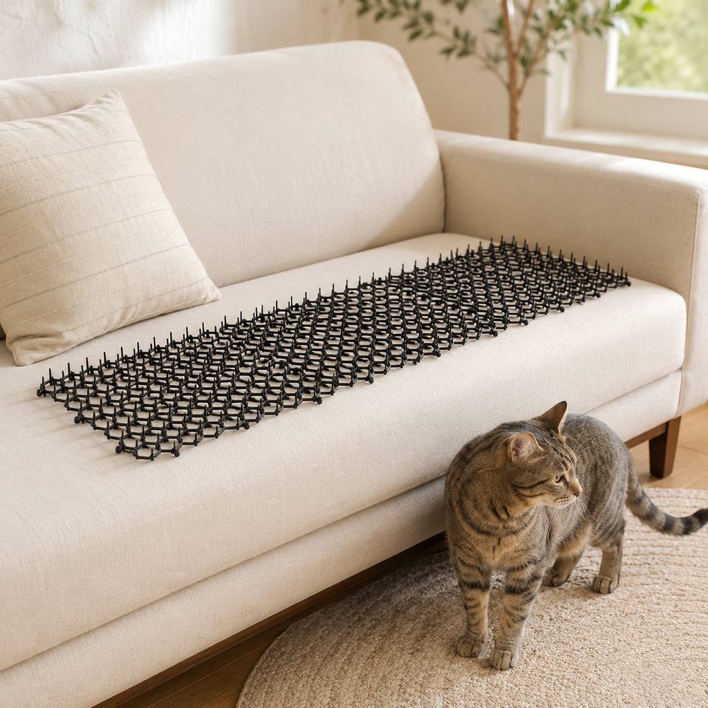 Flexible cat deterrent mat placed on a sofa to help protect furniture