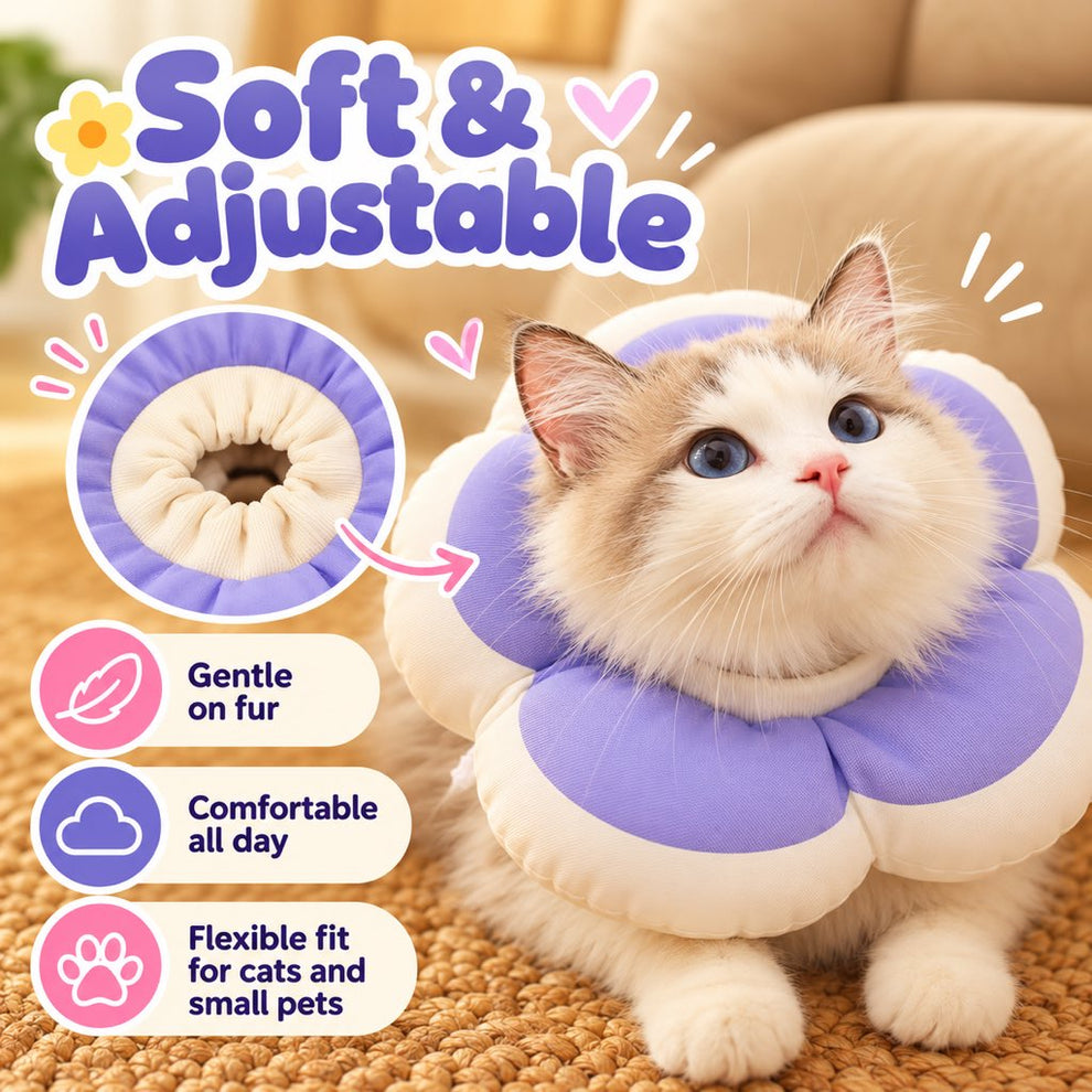 Soft adjustable purple flower recovery collar for cats and small pets