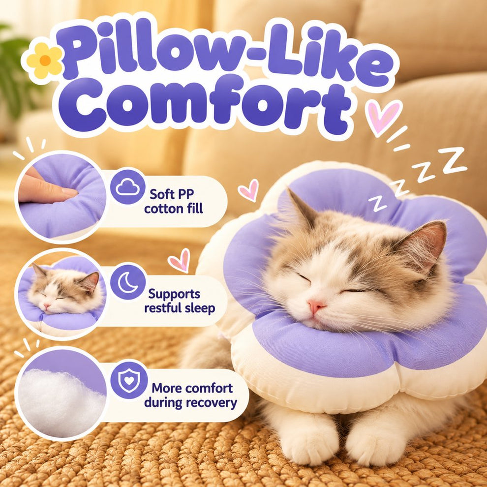 Soft PP cotton fill and pillow-like comfort of a purple flower recovery collar