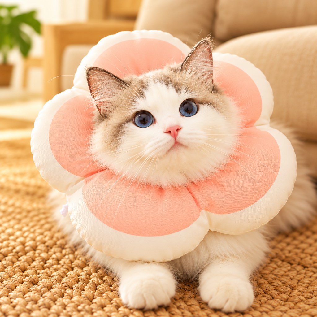 Pink soft flower recovery collar on a cat