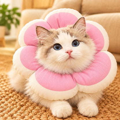 Rose pink soft flower recovery collar on a cat