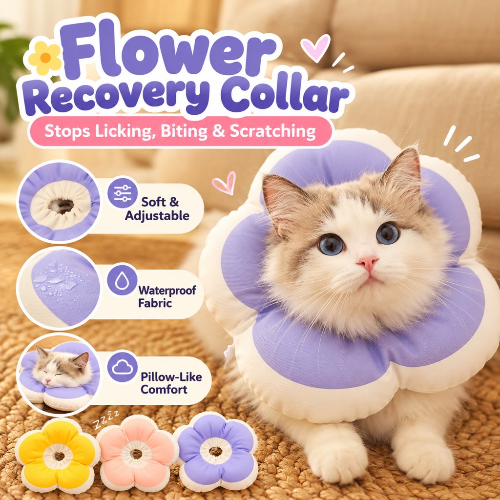 Soft adjustable flower recovery collar for cats and small pets