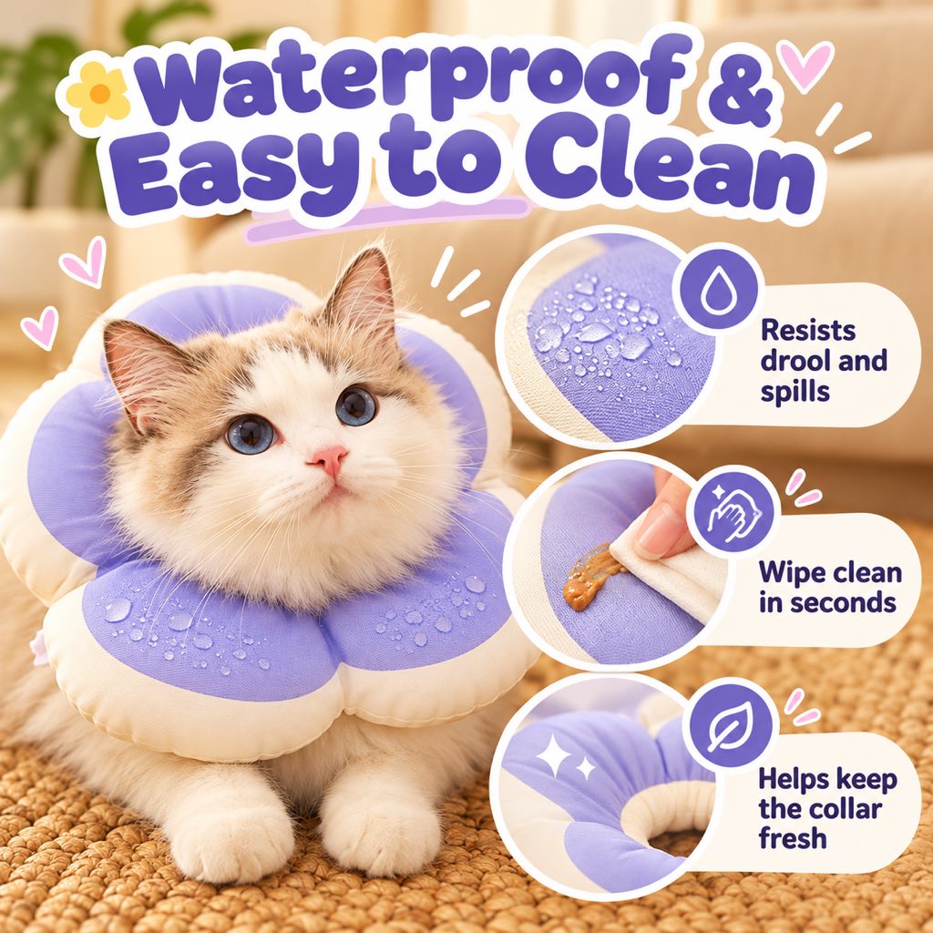 Water-resistant surface and wipe-clean care for a purple flower recovery collar