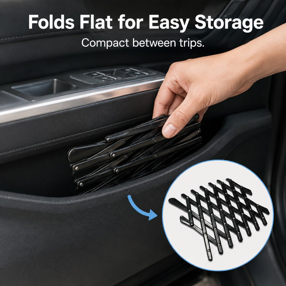 Fold flat dog car window guard for compact storage