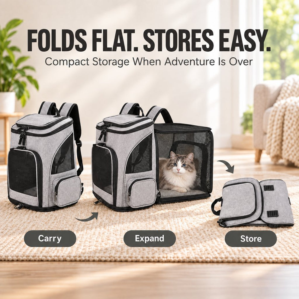 Fold-flat expandable pet carrier backpack for easy storage