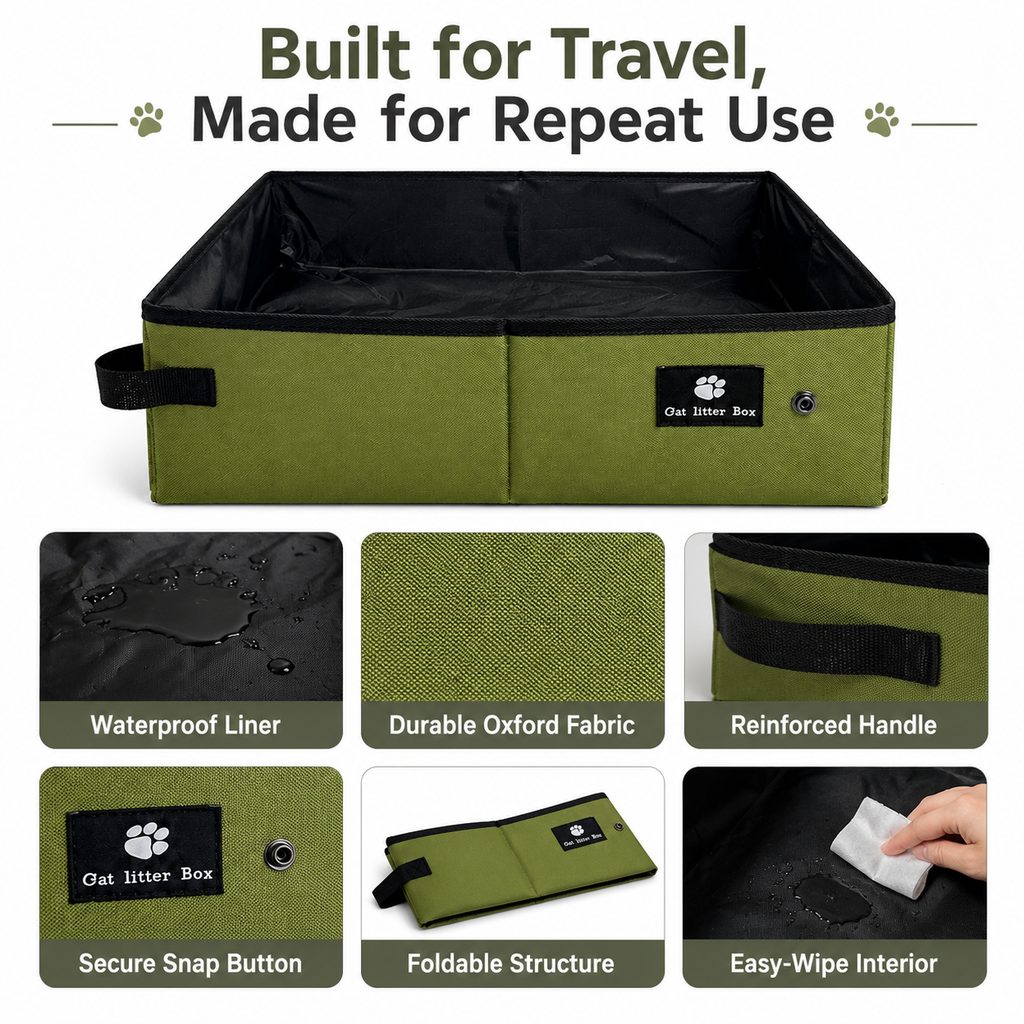 Foldable cat litter box built for repeat travel use