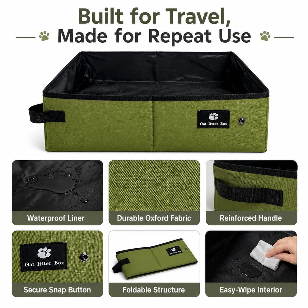 Foldable cat litter box built for repeat travel use