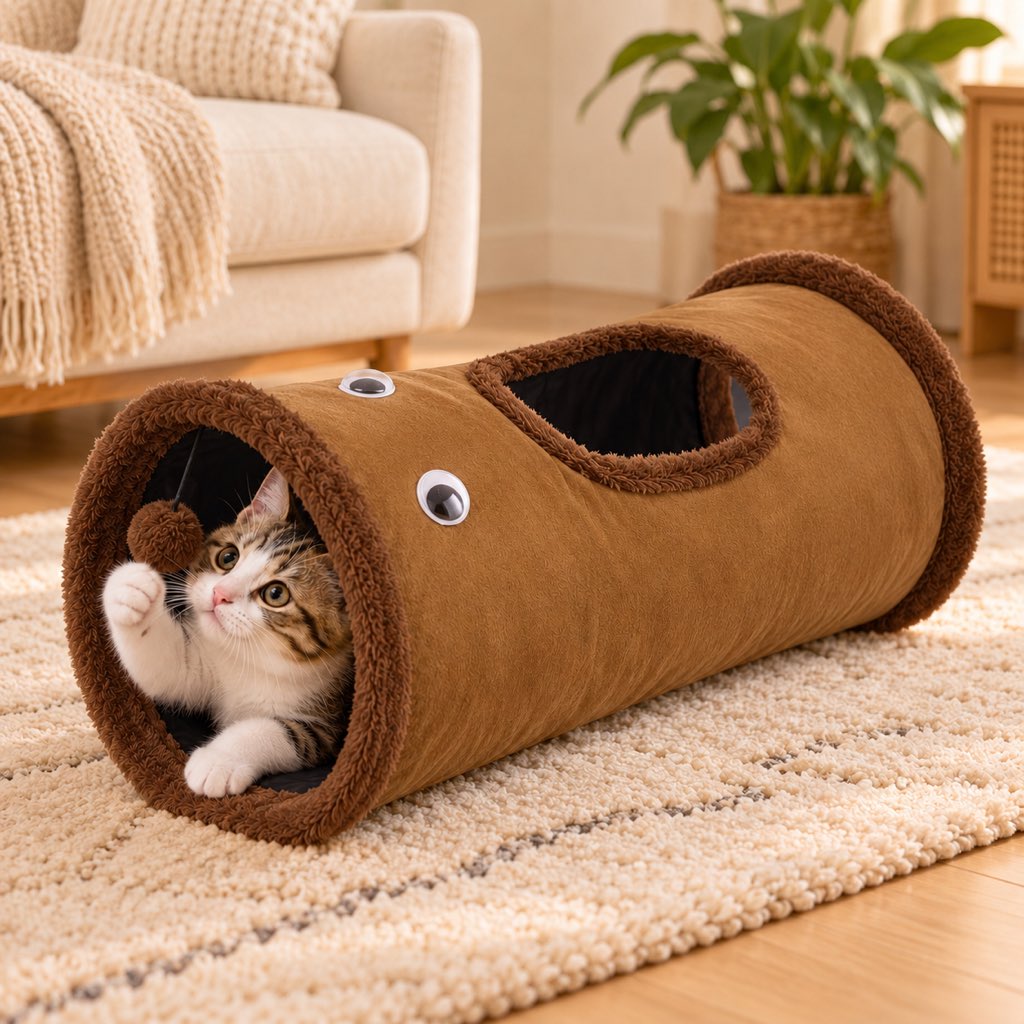 Brown foldable cat tunnel with peekaboo opening and hanging pom-pom