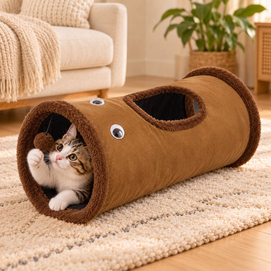 Brown foldable cat tunnel with peekaboo opening and hanging pom-pom