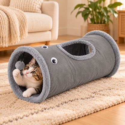 Gray foldable cat tunnel with peekaboo opening and hanging pom-pom