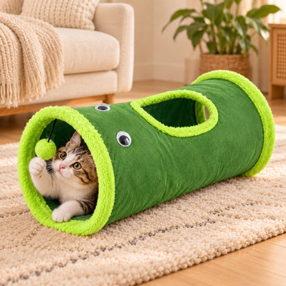 Green foldable cat tunnel with peekaboo opening and hanging pom-pom