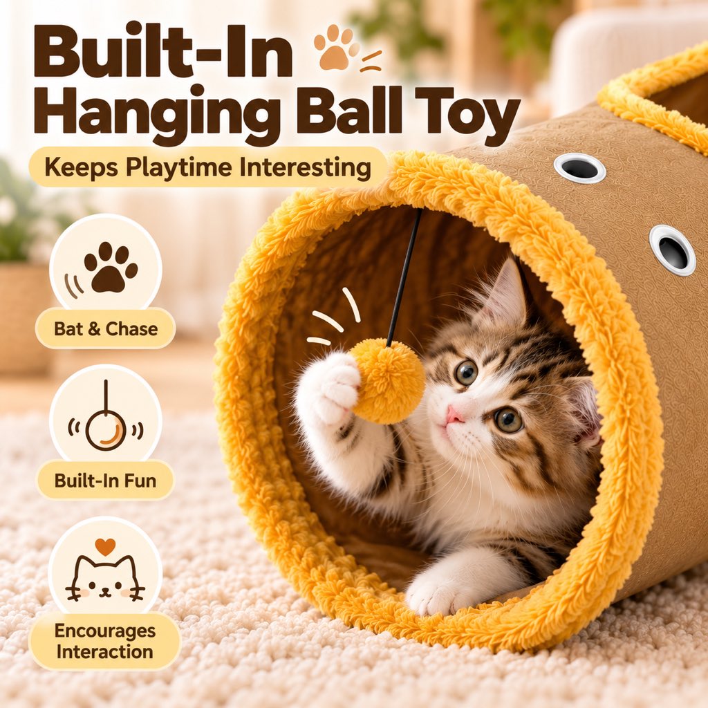 Built-in hanging pom-pom toy inside a foldable cat tunnel