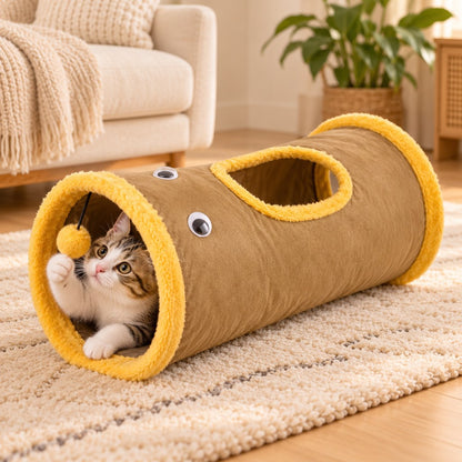 Khaki foldable cat tunnel with peekaboo opening and hanging pom-pom