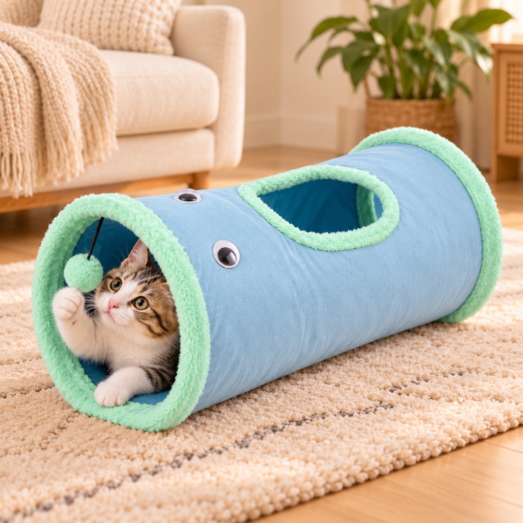 Light Blue foldable cat tunnel with peekaboo opening and hanging pom-pom