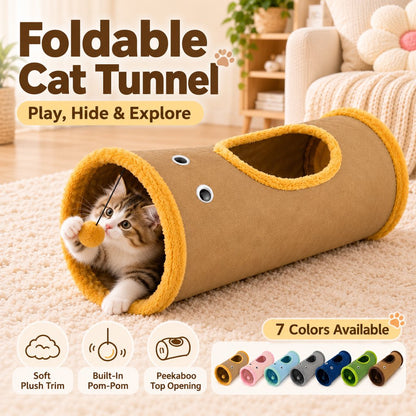 Foldable cat tunnel with peekaboo opening and hanging pom-pom