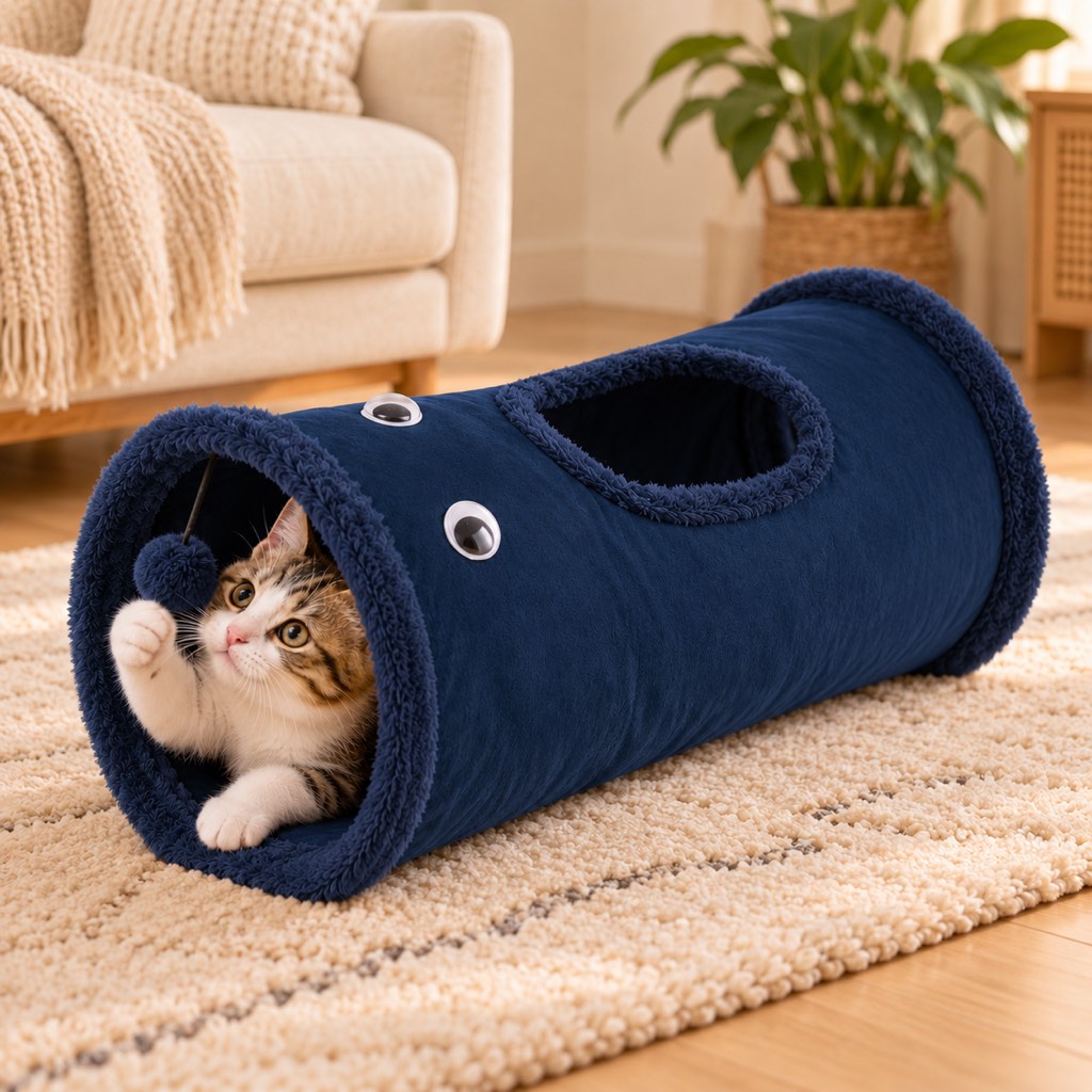 Navy Blue foldable cat tunnel with peekaboo opening and hanging pom-pom