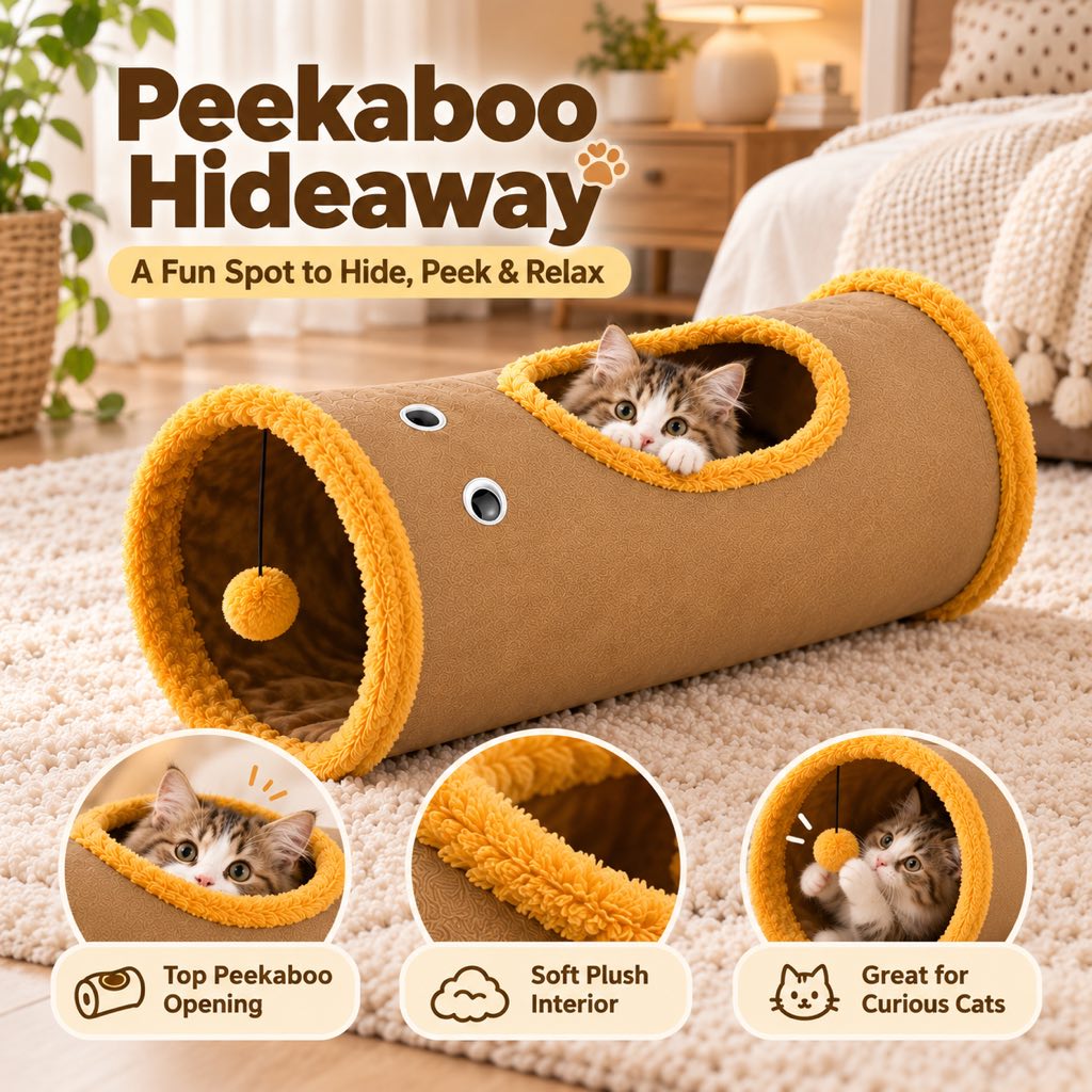 Foldable cat tunnel hideaway with a top peekaboo opening