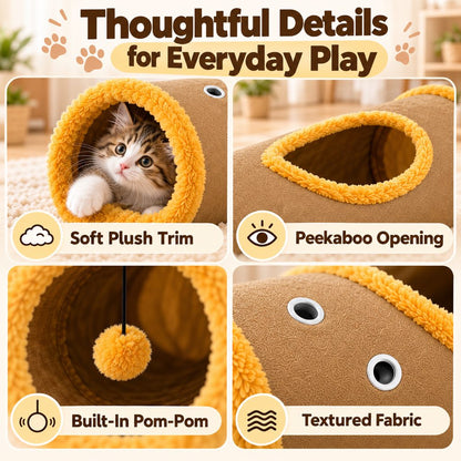 Soft plush trim, peekaboo opening and hanging pom-pom cat tunnel details