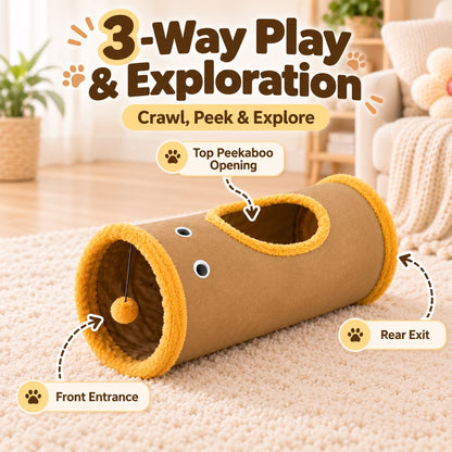 Foldable cat tunnel showing front entrance, rear exit and top opening