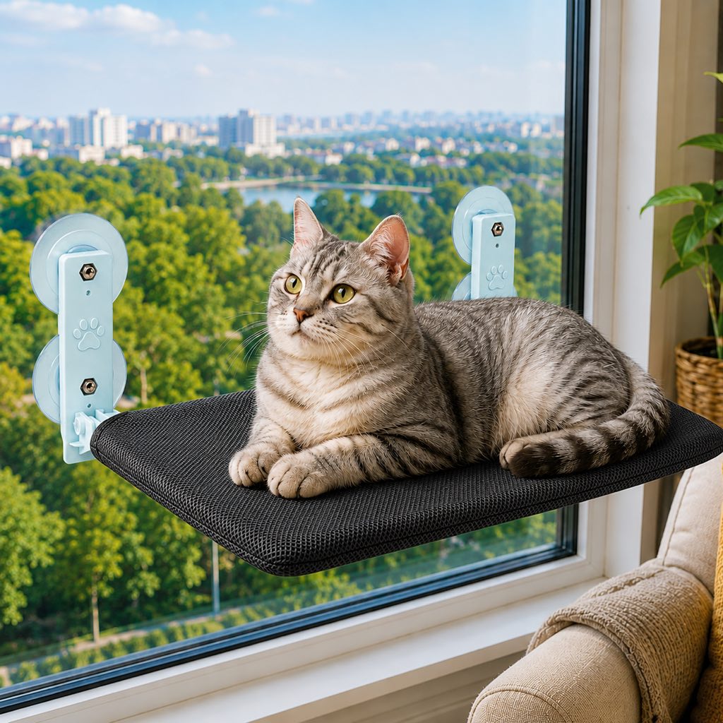 Foldable Cat Window Hammock for Apartments - No-Drill Suction Perch for Sunny Naps Without Taking Up Floor Space