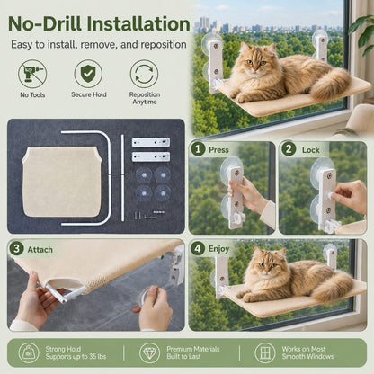 Foldable Cat Window Hammock for Apartments - No-Drill Suction Perch for Sunny Naps Without Taking Up Floor Space