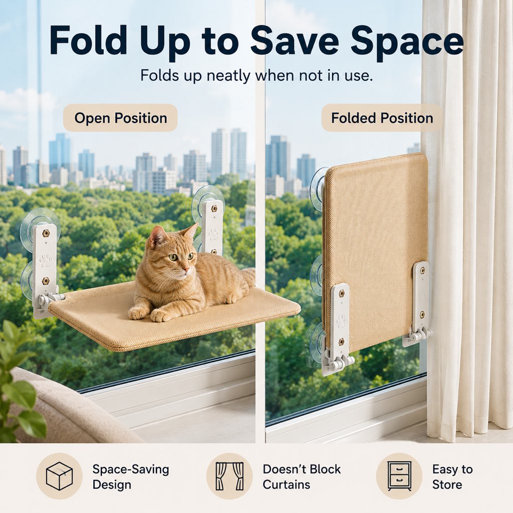 Foldable Cat Window Hammock for Apartments - No-Drill Suction Perch for Sunny Naps Without Taking Up Floor Space