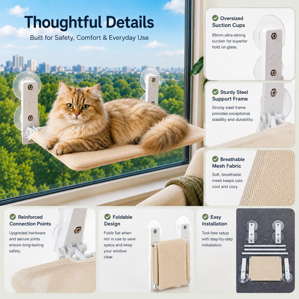 Foldable Cat Window Hammock for Apartments - No-Drill Suction Perch for Sunny Naps Without Taking Up Floor Space