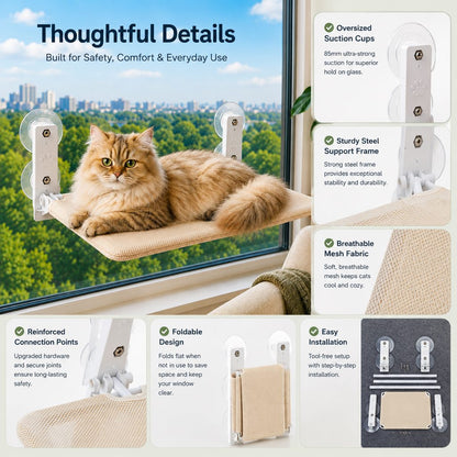 Foldable Cat Window Hammock for Apartments - No-Drill Suction Perch for Sunny Naps Without Taking Up Floor Space