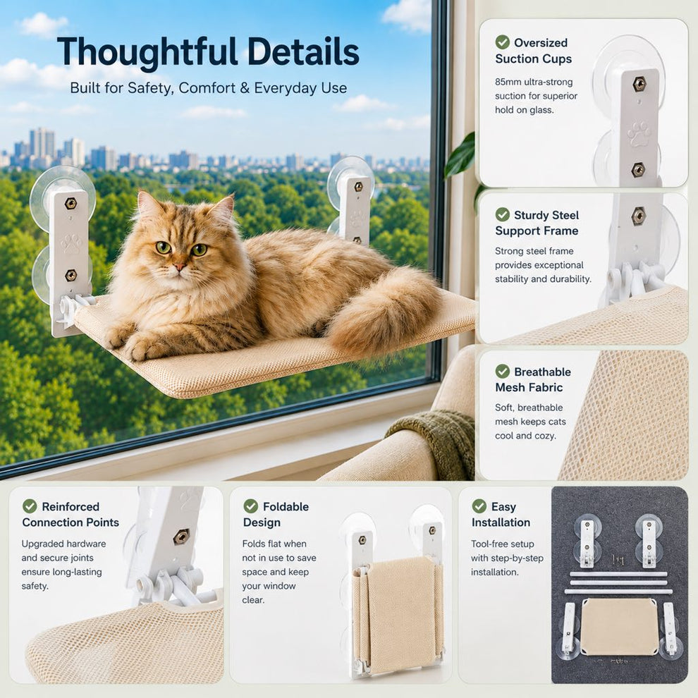 Foldable Cat Window Hammock for Apartments - No-Drill Suction Perch for Sunny Naps Without Taking Up Floor Space