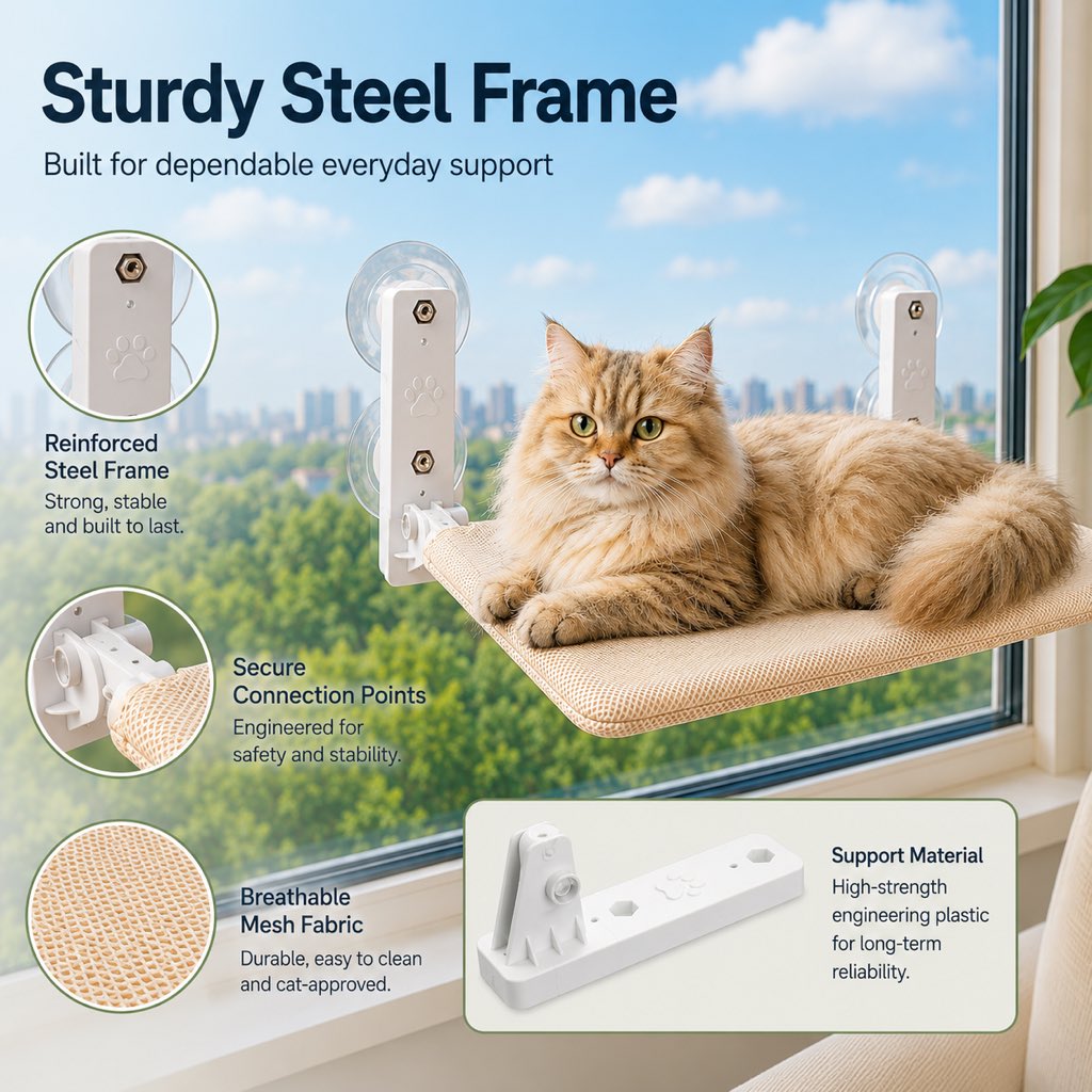Foldable Cat Window Hammock for Apartments - No-Drill Suction Perch for Sunny Naps Without Taking Up Floor Space