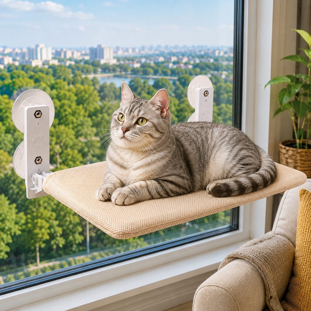 Foldable Cat Window Hammock for Apartments - No-Drill Suction Perch for Sunny Naps Without Taking Up Floor Space