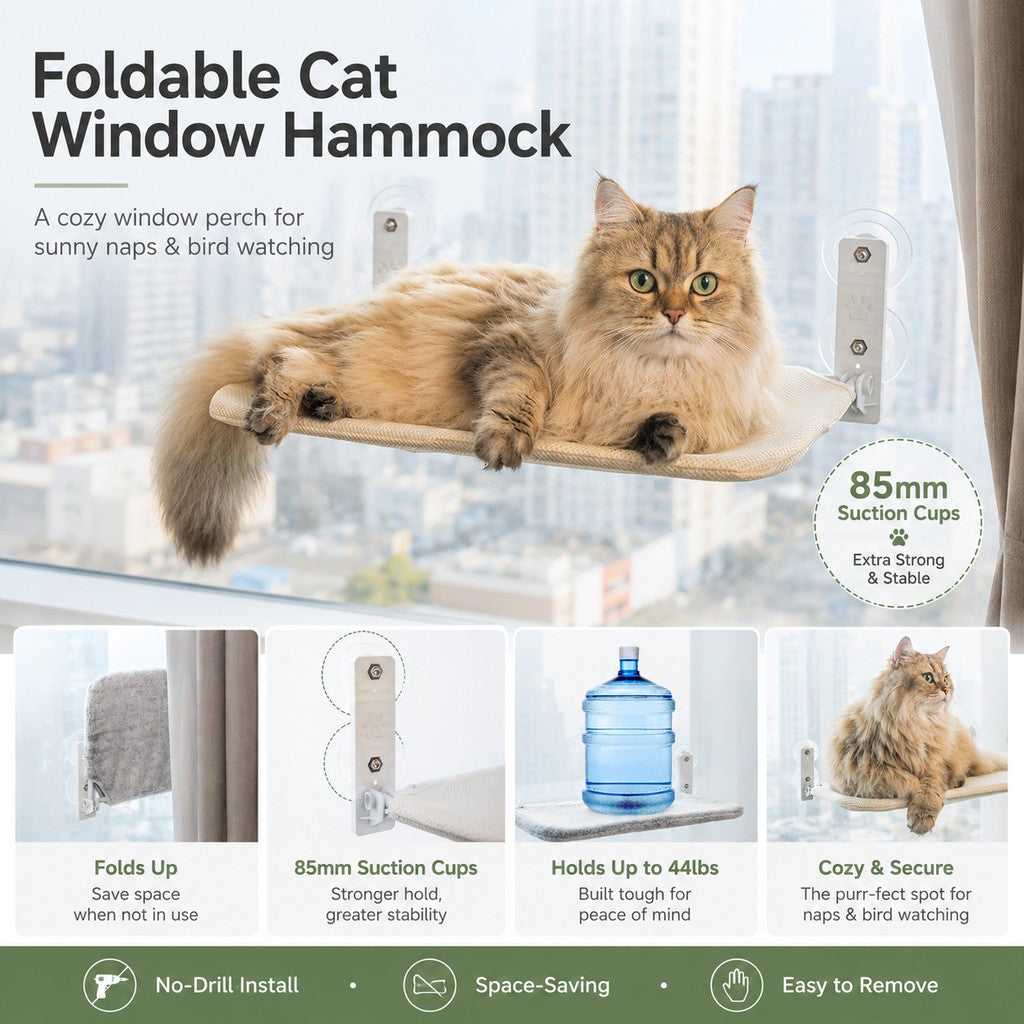 Paws in Awe Foldable Cat Window Hammock for Apartments - No-Drill Suction Perch for Sunny Naps Without Taking Up Floor Space image 2
