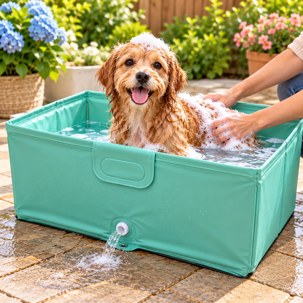 Green foldable dog bath tub used for bathing a small dog