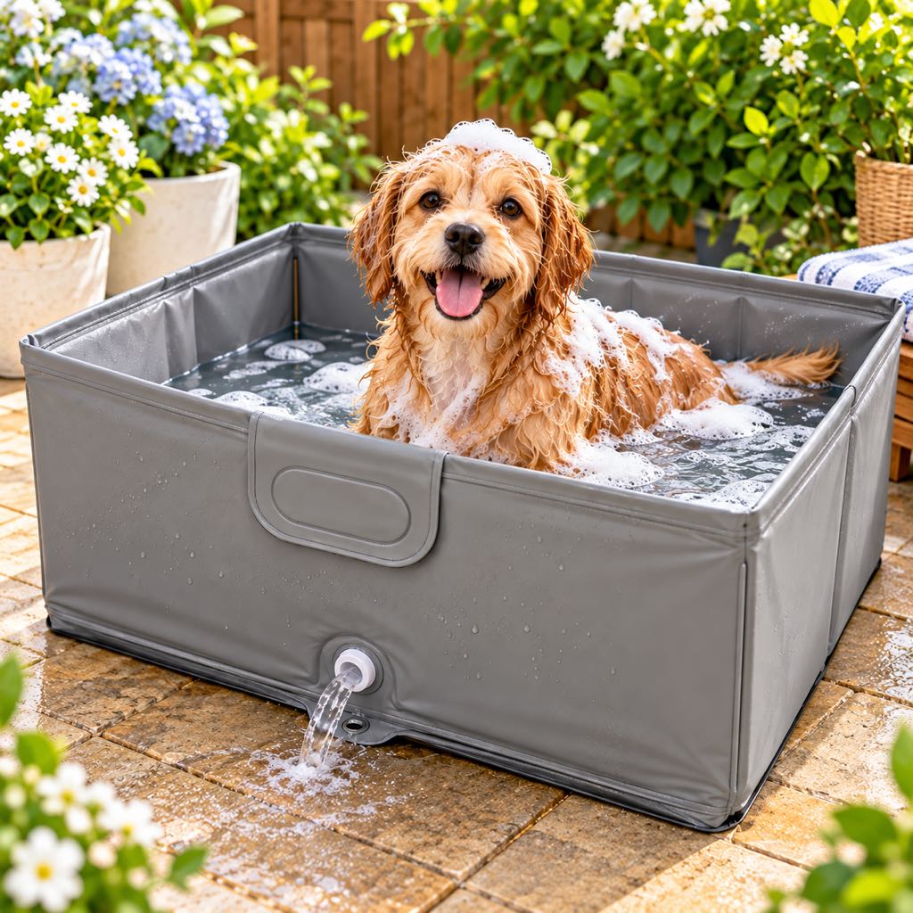 Light Gray foldable dog bath tub used for bathing a small dog