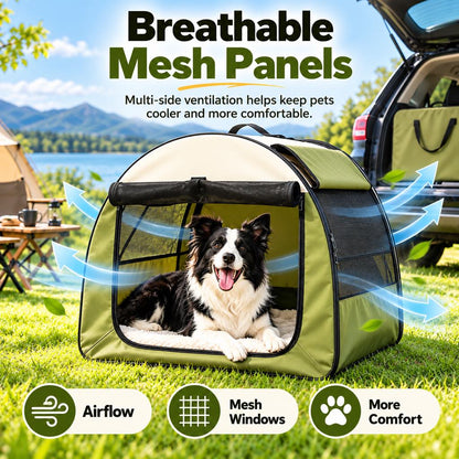 Breathable mesh panels on Army Green soft-sided dog crate