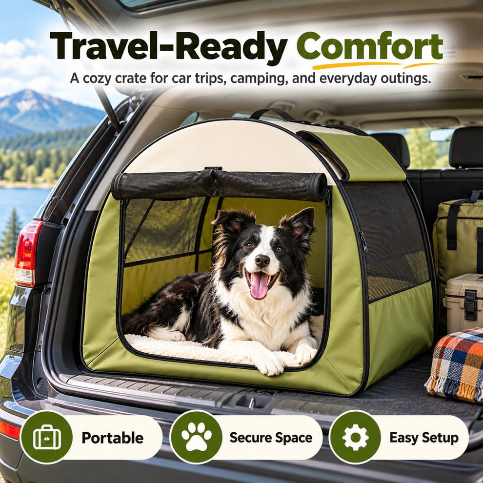 Army Green folding dog crate resting in an open car trunk