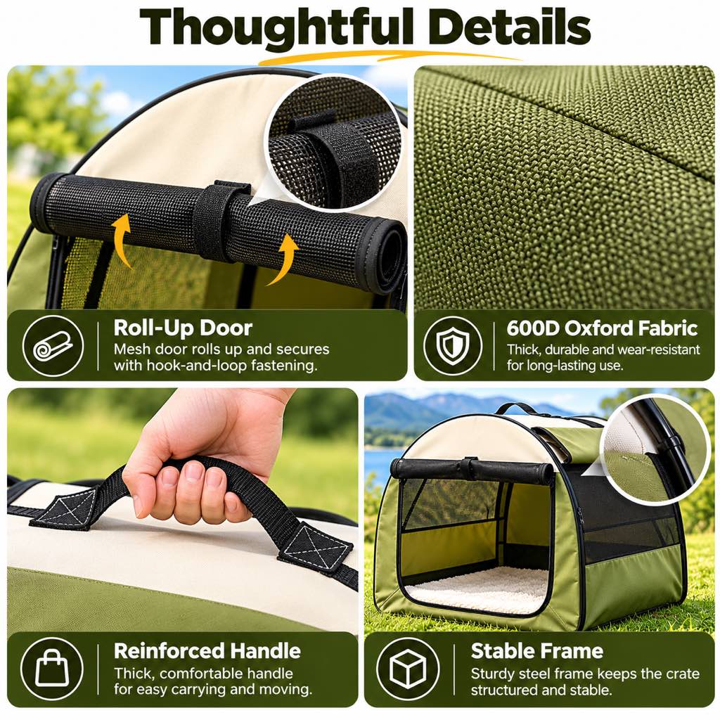 Dog crate roll-up door 600D Oxford fabric handle and frame details