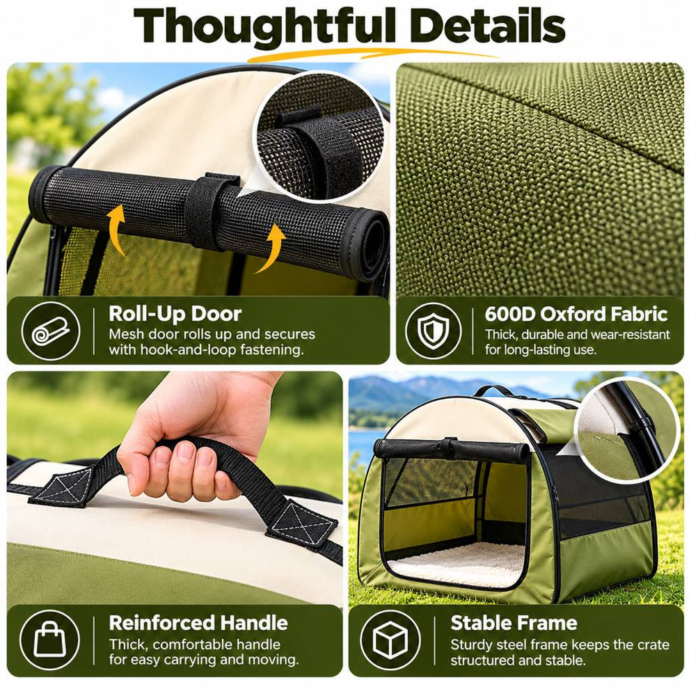 Dog crate roll-up door 600D Oxford fabric handle and frame details