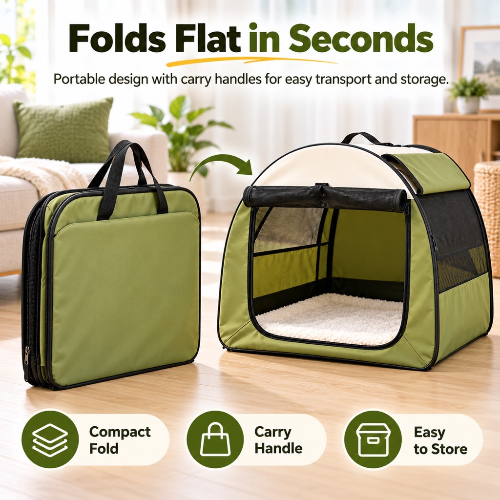 Army Green dog crate folded flat beside an assembled crate