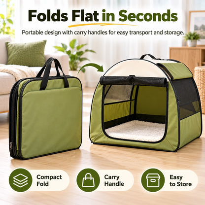 Army Green dog crate folded flat beside an assembled crate