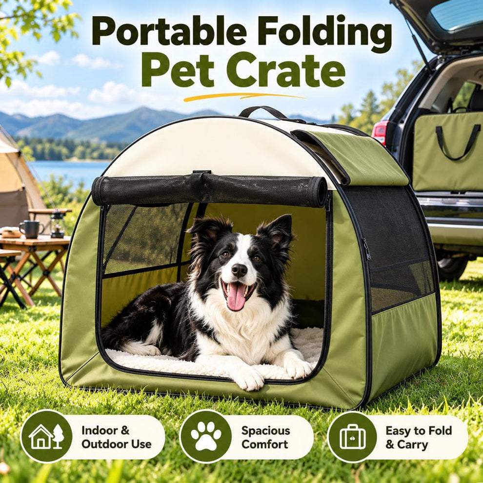Army Green portable folding pet crate at campsite