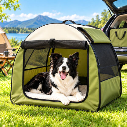 Army Green foldable soft-sided dog crate with dog resting inside