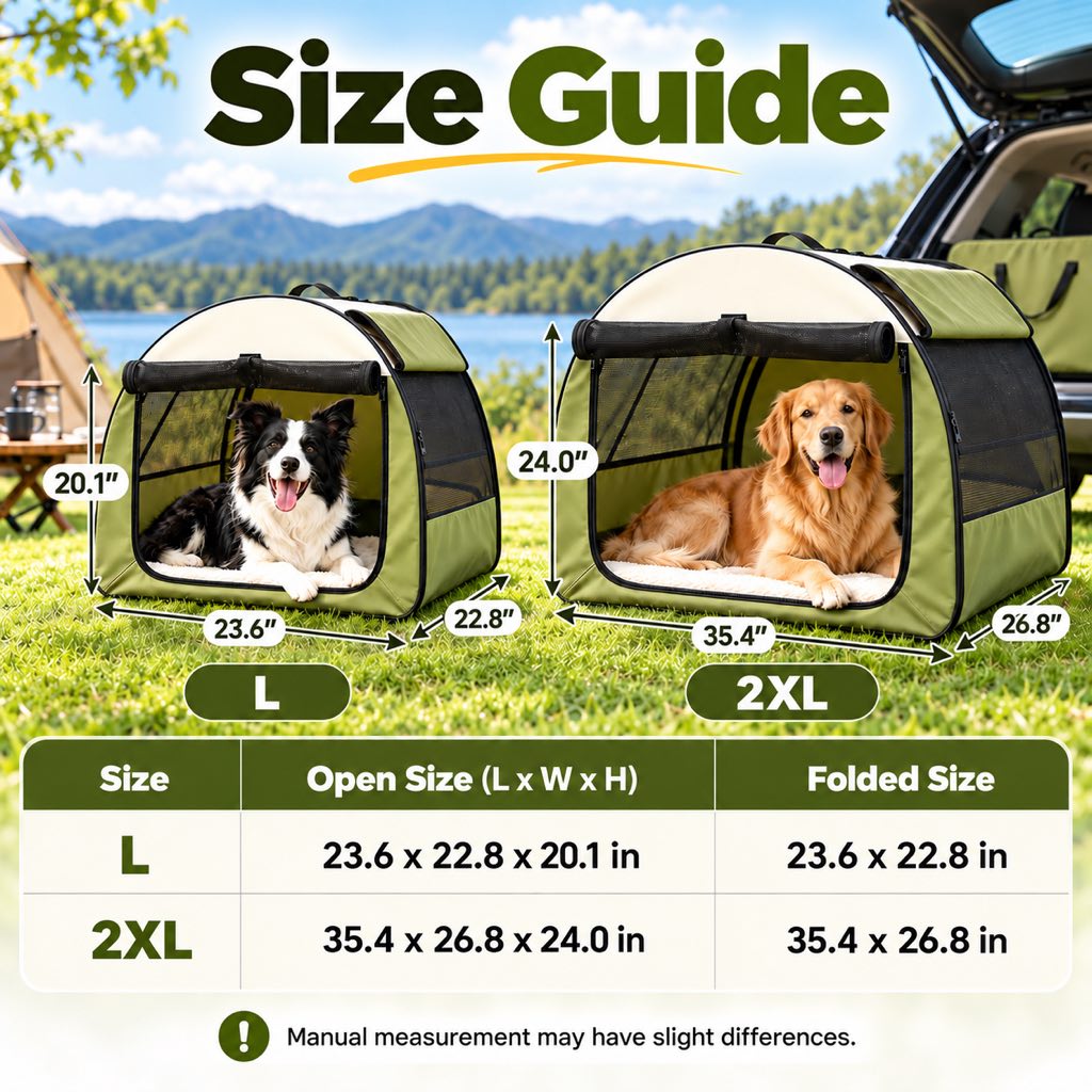 Army Green foldable dog crate size chart for L and 2XL in inches