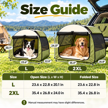 Army Green foldable dog crate size chart for L and 2XL in inches