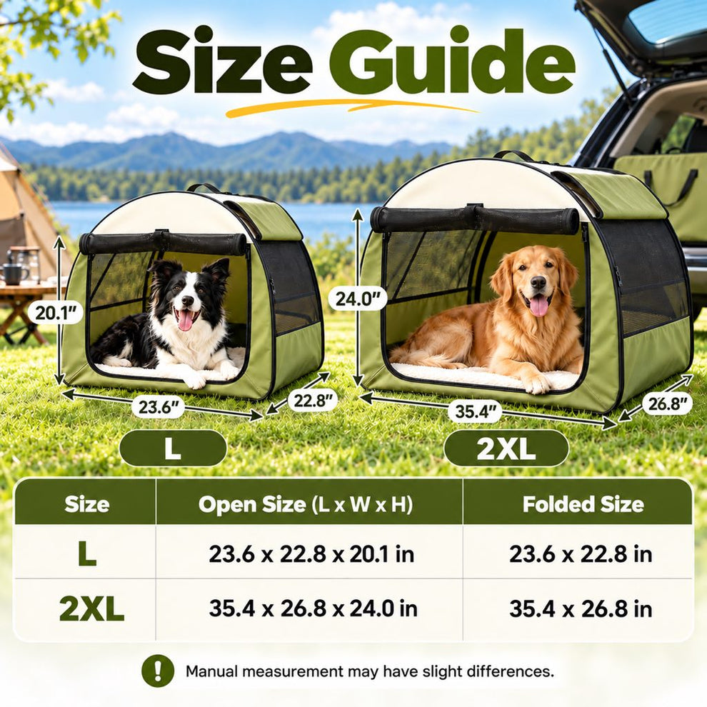 Army Green foldable dog crate size chart for L and 2XL in inches