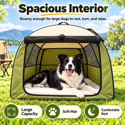 Dog resting inside Army Green foldable crate