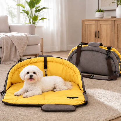 Yellow 2-in-1 foldable dog travel bed and carry bag