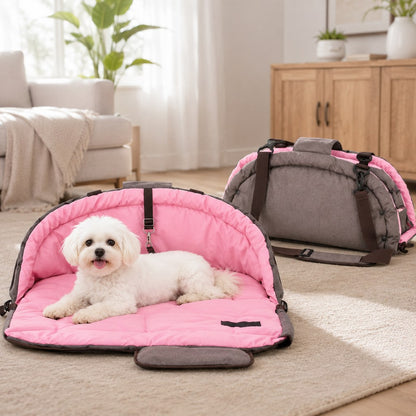 Pink 2-in-1 foldable dog travel bed and carry bag